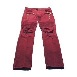 Balmain Paris Jeans Men's Size 34 Red Denim Moto Biker Ribbed Pants (34×34)